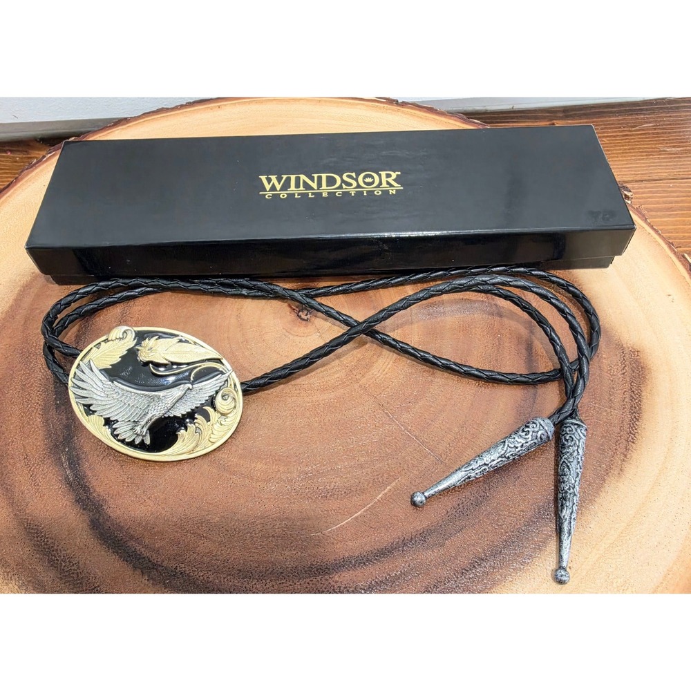 VTG Windsor Collection Siskiyou 1996 Eagle Bolo Tie Black Gold Silver BTL-4 USA